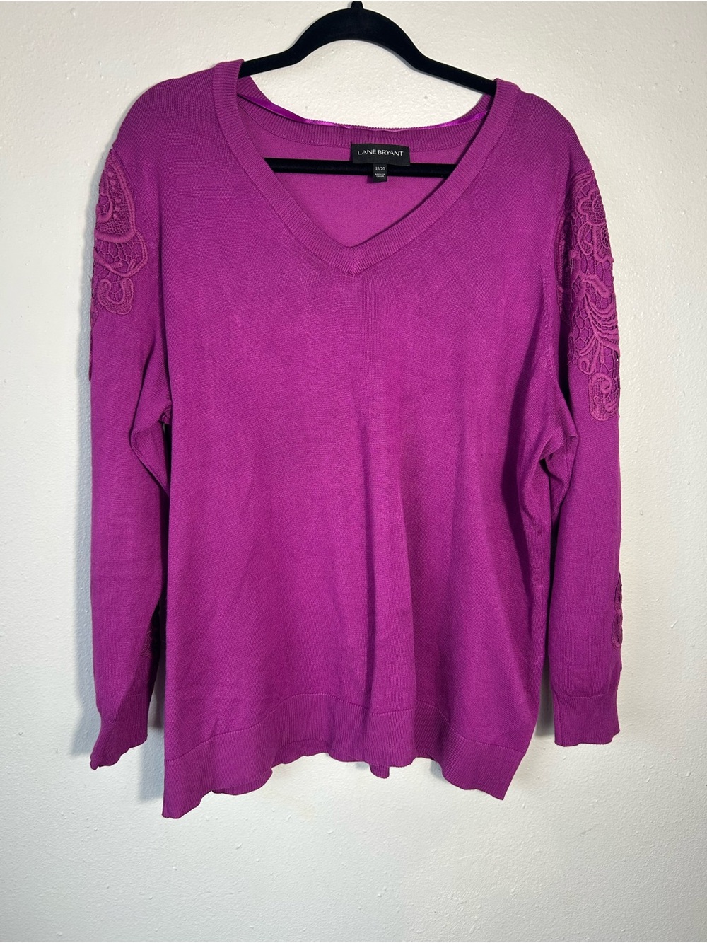 Lane Bryant V-Neck Sweater in Fuchsia with Embroidered Sleeves